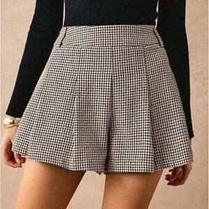 Women's Houndstooth Print Shorts Pleated Elastic Waist Casual Business Skorts